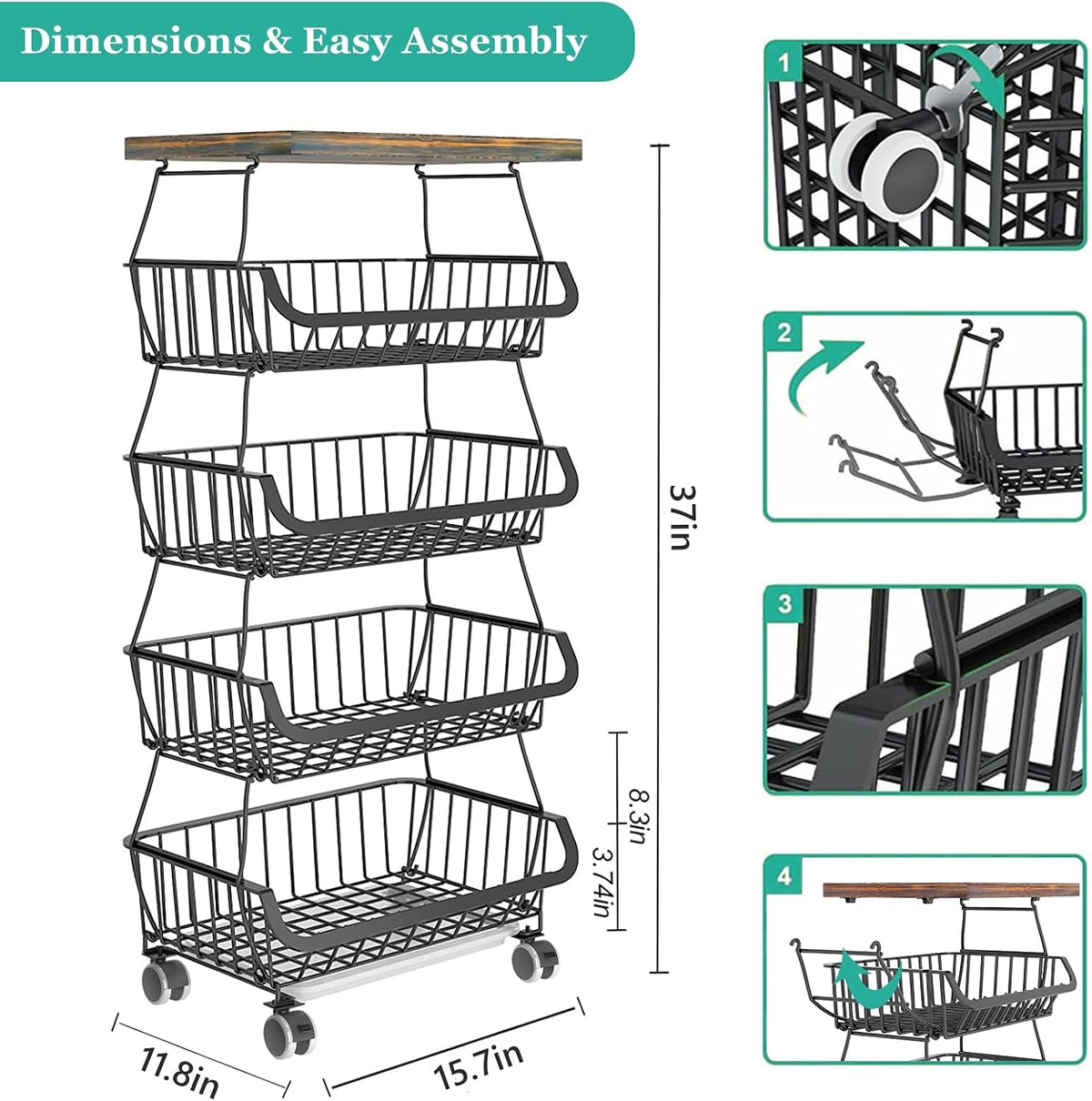 CHLORYARD Fruit Basket with Wooden Lid for Kitchen, 4-Tier Stackable Wire Fruit Vegetable Storage Basket Organizer Stand on Wheel, Produce Basket Potato Onion Storage Bins Rack Cart for Pantry
