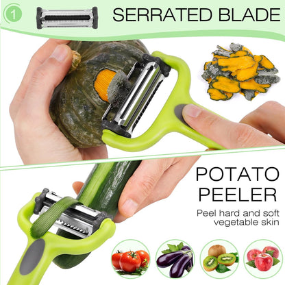 Senbowe Julienne Peeler, Potato Vegetable Peeler for Kitchen, I and Y Potato Peelers for Apple Fruit Carrot Zucchini Cucumber Veggie, 3 in 1 Blade Spin Design, Anti-Slip Handle