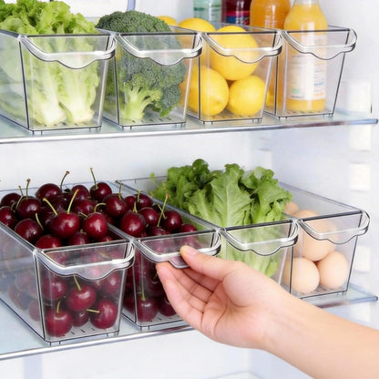 8 Pack Slim Storage Bins, BPA Free Clear Plastic Organizer Bins with Handles, Narrow Refrigerator & Pantry Organization Containers for Kitchen, Bathroom, Cabinet, Home & Office Declutter