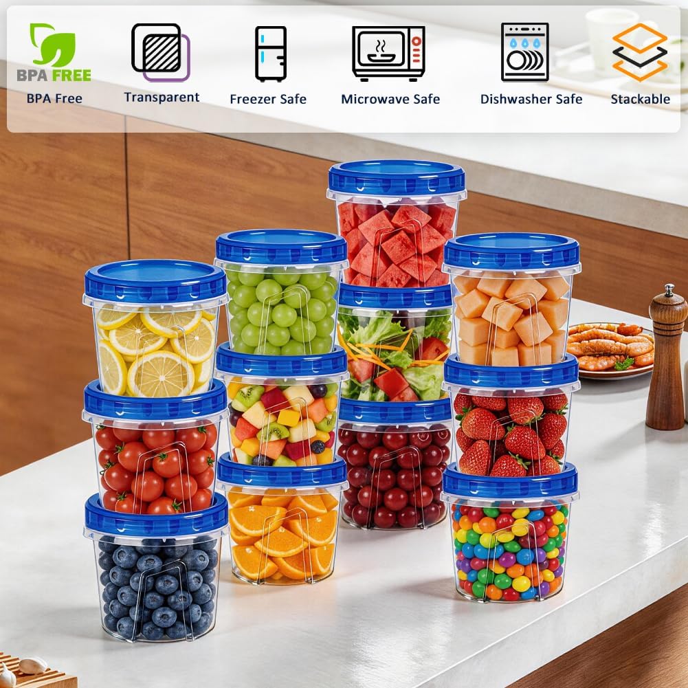 10 Pack 34oz Reusable Freezer Food Storage Containers with Twist Top Lids, Airtight Plastic Meal Prep Food Containers for Leftover Lunch Fruit Salad Oats, Clear Large Soup Container Microwave Safe