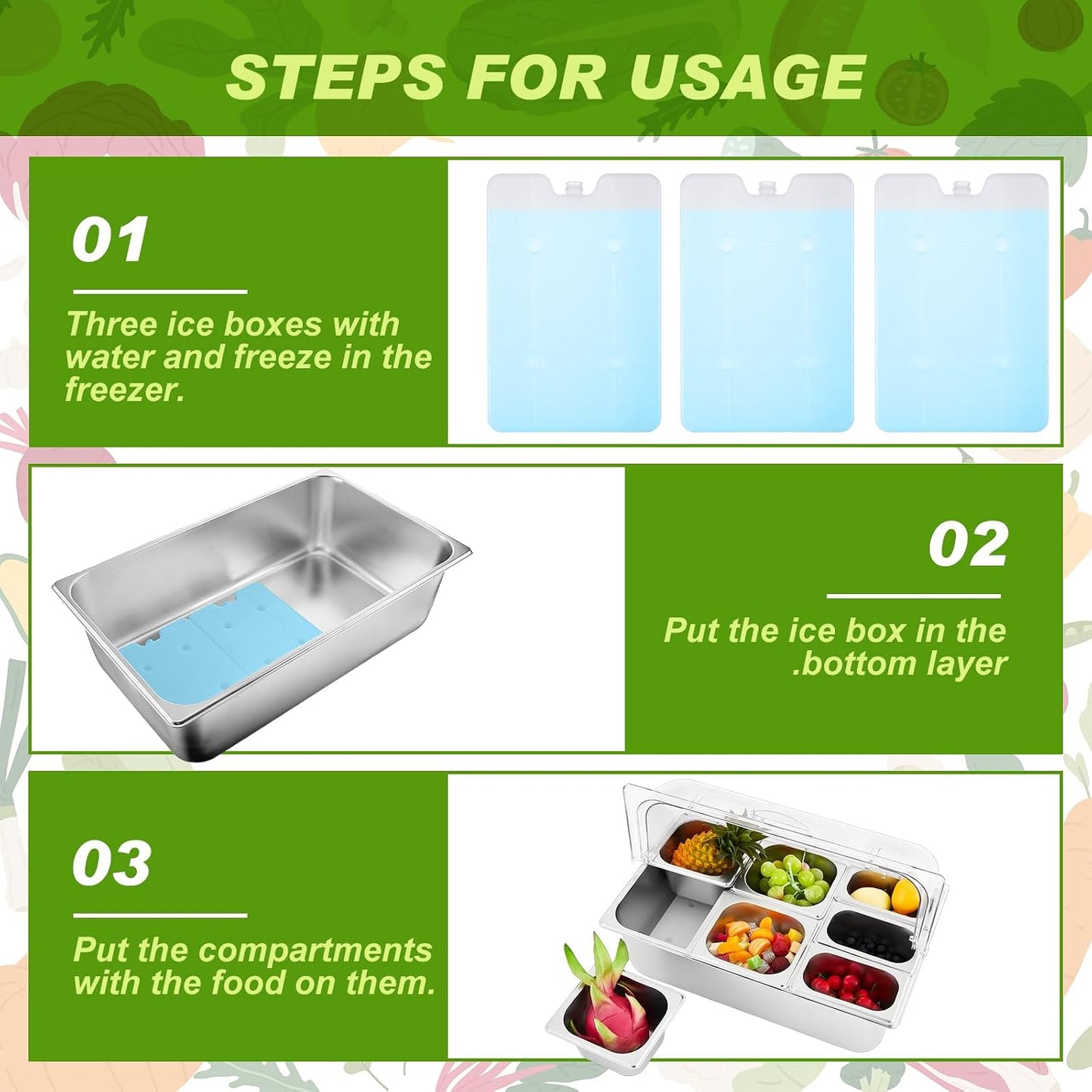 Condiment Tray Stainless Steel Serving Display Set with Lid for Buffet Restaurant Kitchen, Food Chilled Container for Salad Fruit Condiments, Keeps Food Fresh with Ice Box(6 Compartments)