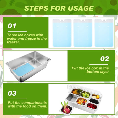 Condiment Tray Stainless Steel Serving Display Set with Lid for Buffet Restaurant Kitchen, Food Chilled Container for Salad Fruit Condiments, Keeps Food Fresh with Ice Box(6 Compartments)