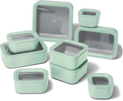 Caraway 13pc Glass Food Storage Container Set - Easy to Store, Non Toxic Lunch Box - with Glass Lids - Includes Storage Organizer - Mist