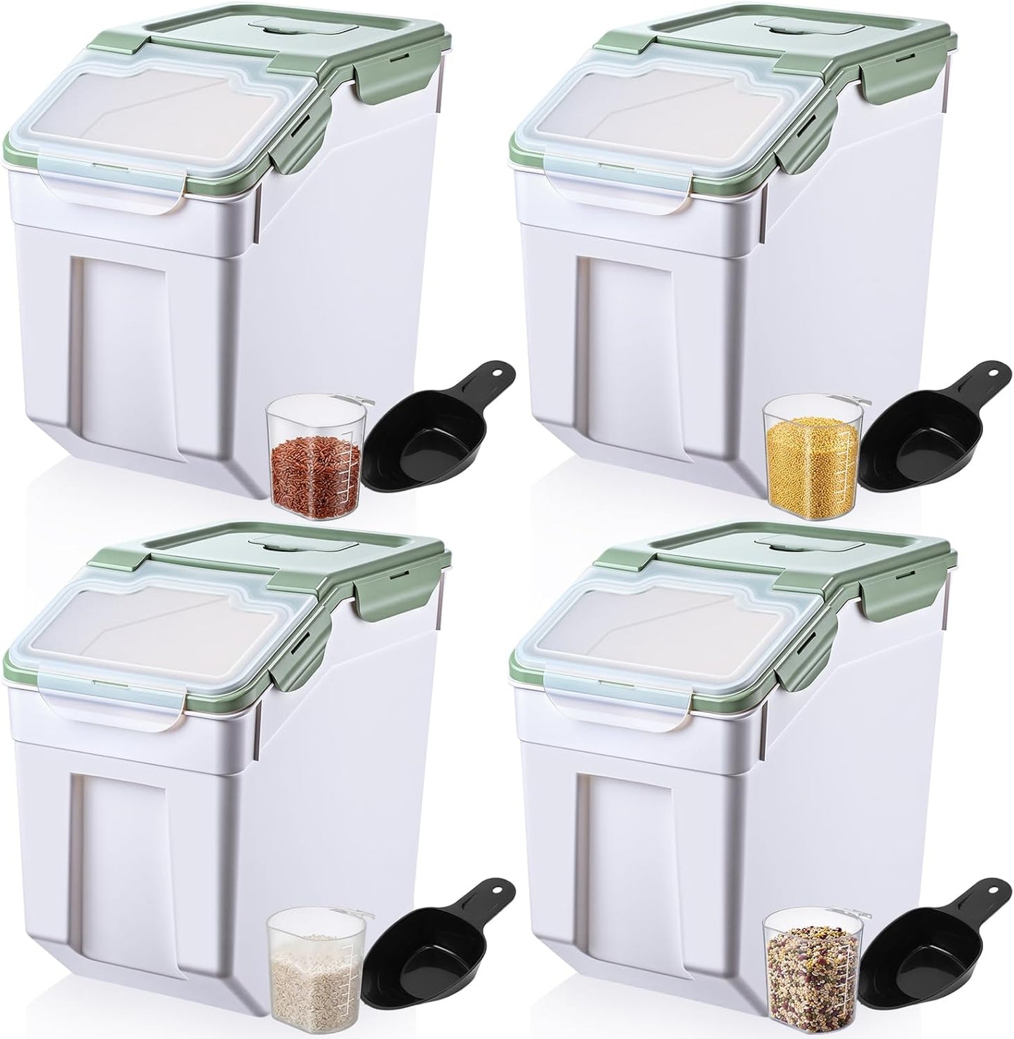Sunnyray 4 Pcs 55 lbs Grain Rice Storage Container Flour Bin with Wheels Cup Leak Proof Pet Food Storage Boxes Seal Locking Lid Plastic Rice Containers Set for Cereal Flour Cat Dog Food (Green)