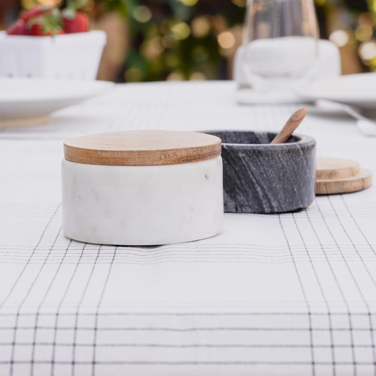 Cork & Mill Marble Salt Cellar with Acacia Wood Lid and Spoon, White
