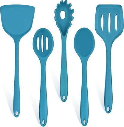 TeamFar Silicone Cooking Utensils Set, 5-Piece Heat Resistant Kitchen Utensils Set, Nonstick Slotted Solid Spoon Turner Pasta Server for Frying, Serving, Mixing, Non-Toxic & Dishwasher Safe, Black