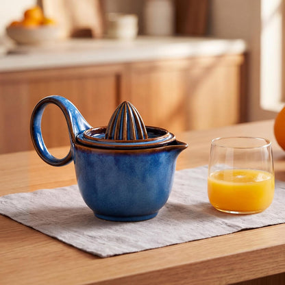 Sawysine Ceramic Lemon Squeezer Manual Citrus Juicer with Strainer Hand Press Lime Orange Reamer with 8.45 oz Cup Strainer Lid Spout Handle for Citrus Fruits Home Kitchen Bar(Classic,Dark Blue)