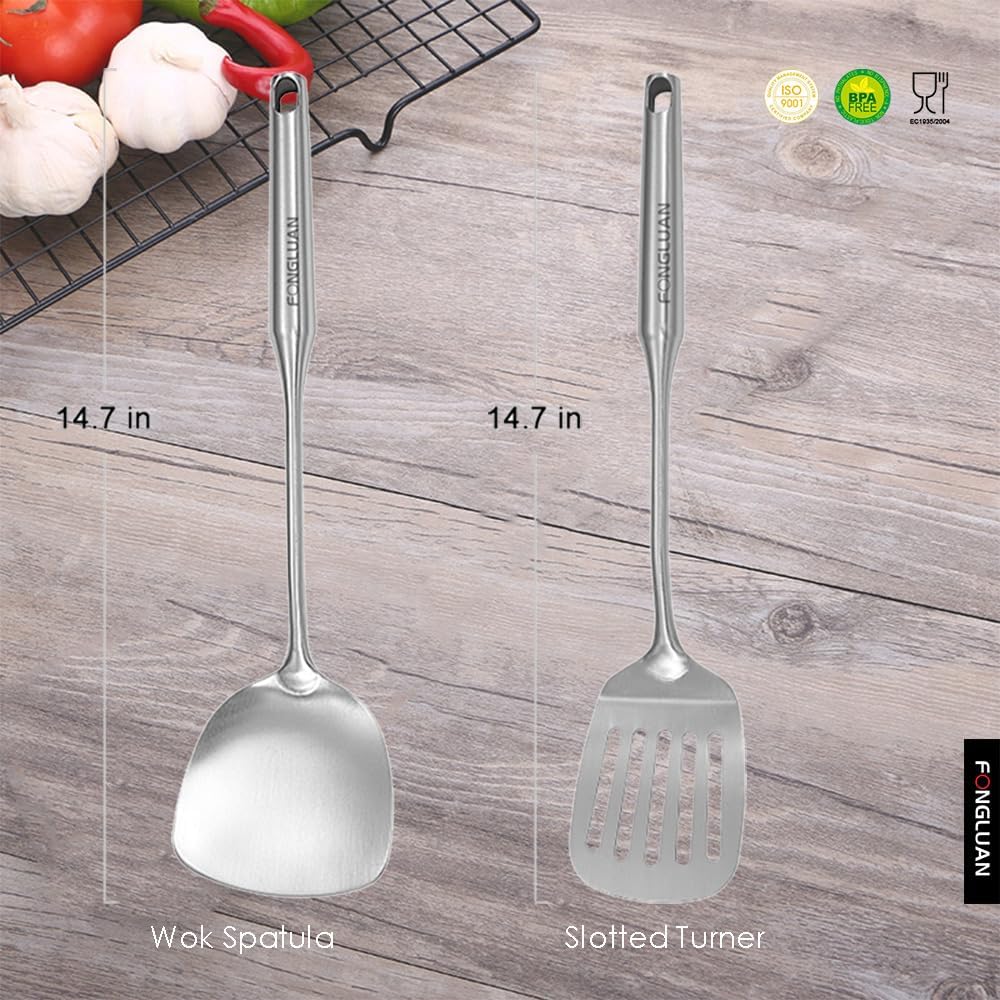 Stainless-Steel Turner Spatula Set, Set of 2, Slotted Turner, Wok Spatula, Heavy Duty Metal Kitchen Utensils for Cooking