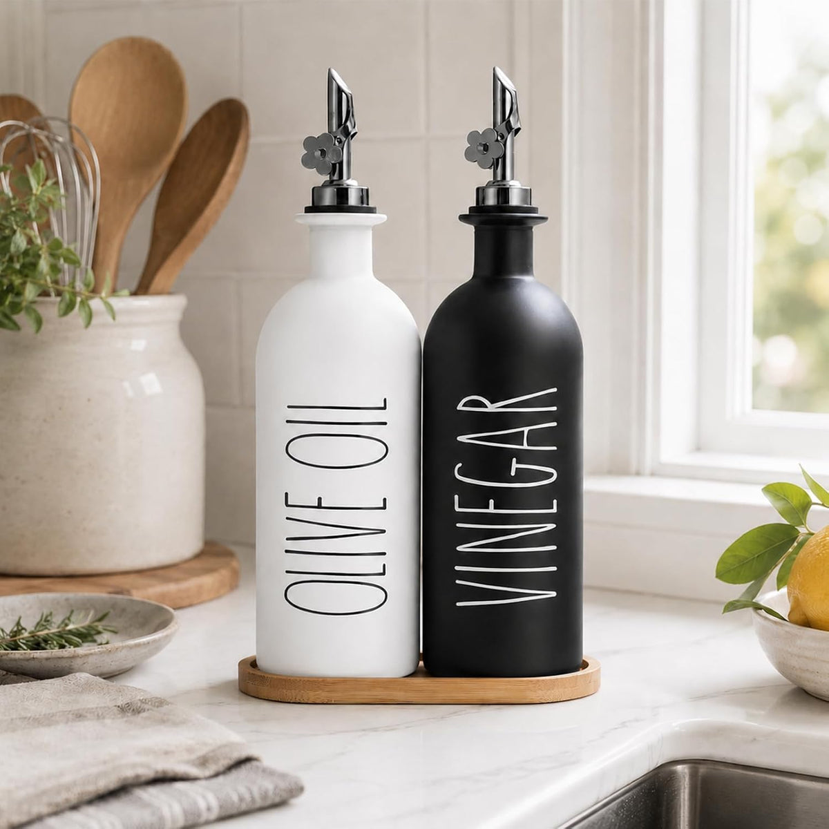 HOMCDALY Premium Olive Oil Dispenser for Kitchen, 11.8oz Glass Oil Bottles with Bamboo Tray, White Oil&Vinegar Cruet Set, Kitchen Dispenser Bottles with Pourer| Set of 2 (11.8oz –P–White)