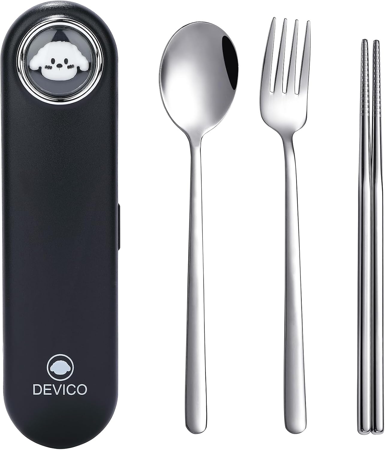 DEVICO Travel Utensils with Case Cute, Reusable Silverware for Lunch, 4Pcs Portable Cutlery Set, 18/8 Stainless Steel Fork Spoon Chopsticks in Cartoon Case, Dishwasher Safe (Light Yellow)