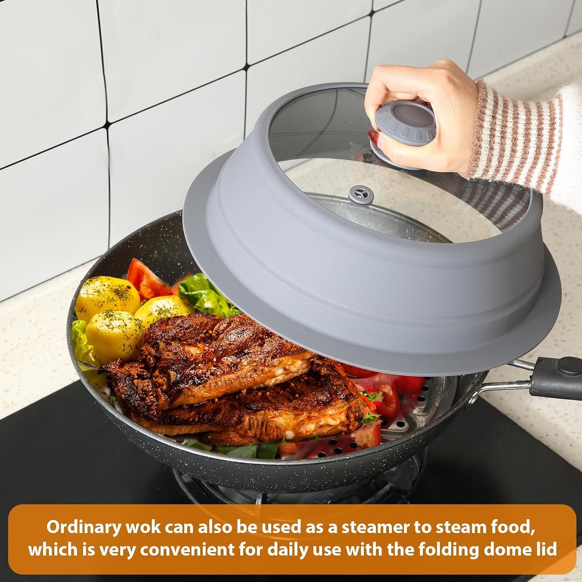 Collapsible Microwave Splatter Lid with Vented Tempered Glass Cover Wok Lid for Microwave Safe, Stockpot Steamer Pot Pan Round Bowl 6" 7" 8" 9" 10" 11" 12" Universal Multifunction Silicone Cover