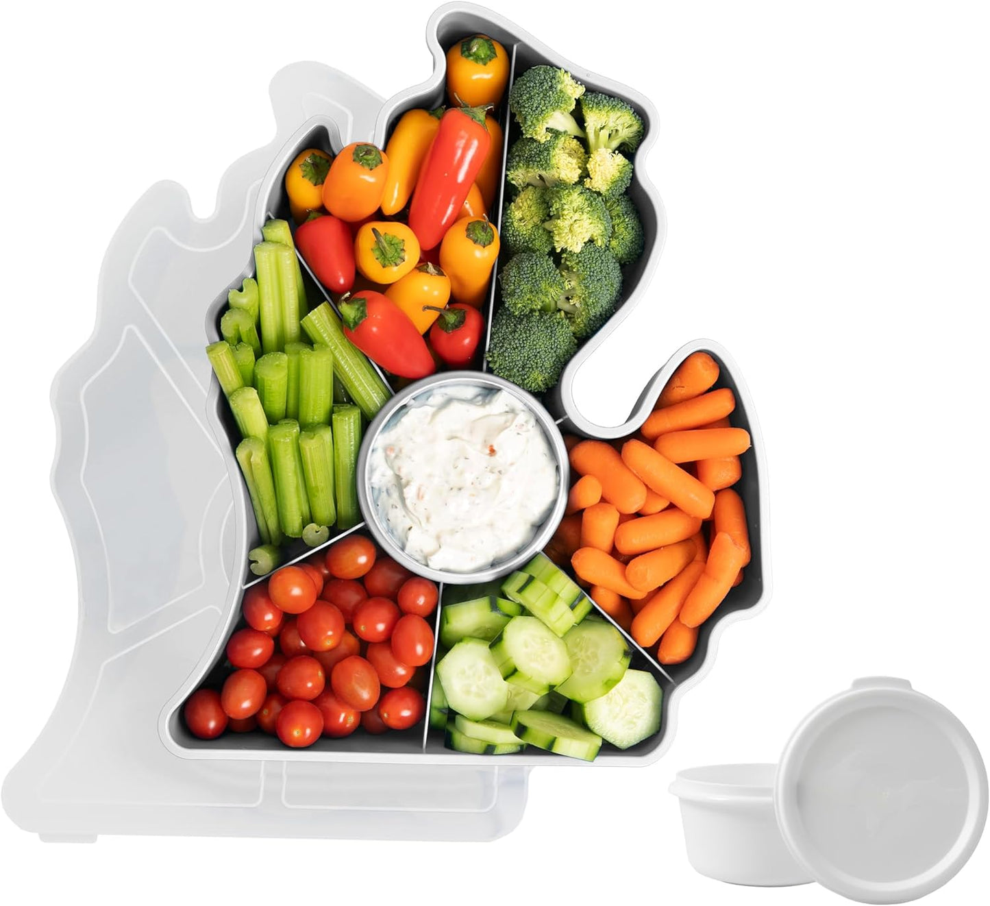 KOLORAE Michigan Serving Tray - Unique 7 Compartment Mitten State Reusable Snack Tray w/Dressing Cup. Great for Entertaining and Storage for Appetizers, Snacks, Chips & Dip