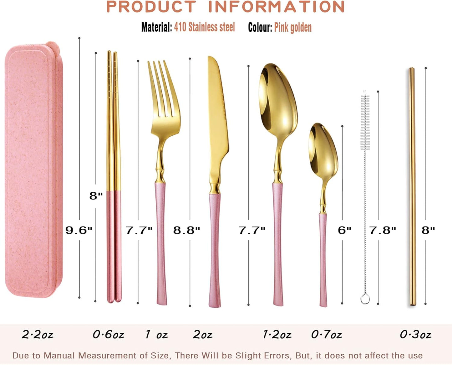 AARAINBOW 7 Pieces Stainless Steel Flatware Set Portable Reusable Cutlery Set Travel Utensils Set Including Chopsticks Knife Fork Spoon Straws Cleaning Brush Dishwasher Safe (B-Pink Golden)