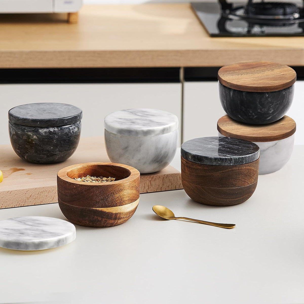 jalz jalz Acacia Wood Salt Cellar with white Marble Lid, 10oz Pinch Pot & Spoon