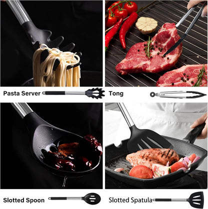 KSENDALO Cooking Utensils Set of 26 - Non Toxic Black Silicone Kitchen Utensils Set with Spoons, Heat Resistant Tong, Whisk & Holder, Dishwasher Safe