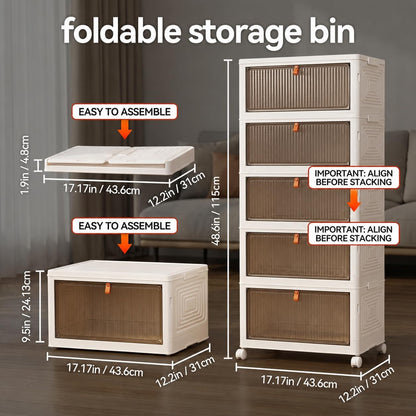 LDQ 136Qt Large Storage Bins with Lids, 4 Tier Stackable Storage Cabinet with Wheels & Clear Doors, Foldable Plastic Closet Organizer for Bedroom, Bathroom & Kitchen