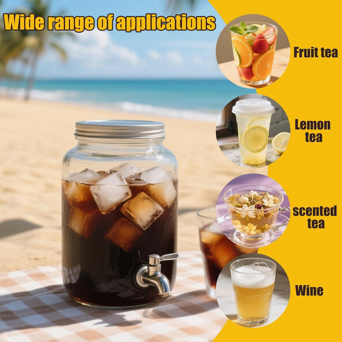 1 Gallon Glass Drink Dispensers for Parties, 2PACK Beverage Dispenser with Stand, Ice Cylinder and Stainless Steel Spigot 100% Leakproof, Beverage Dispenser for Lemonade Sun Tea