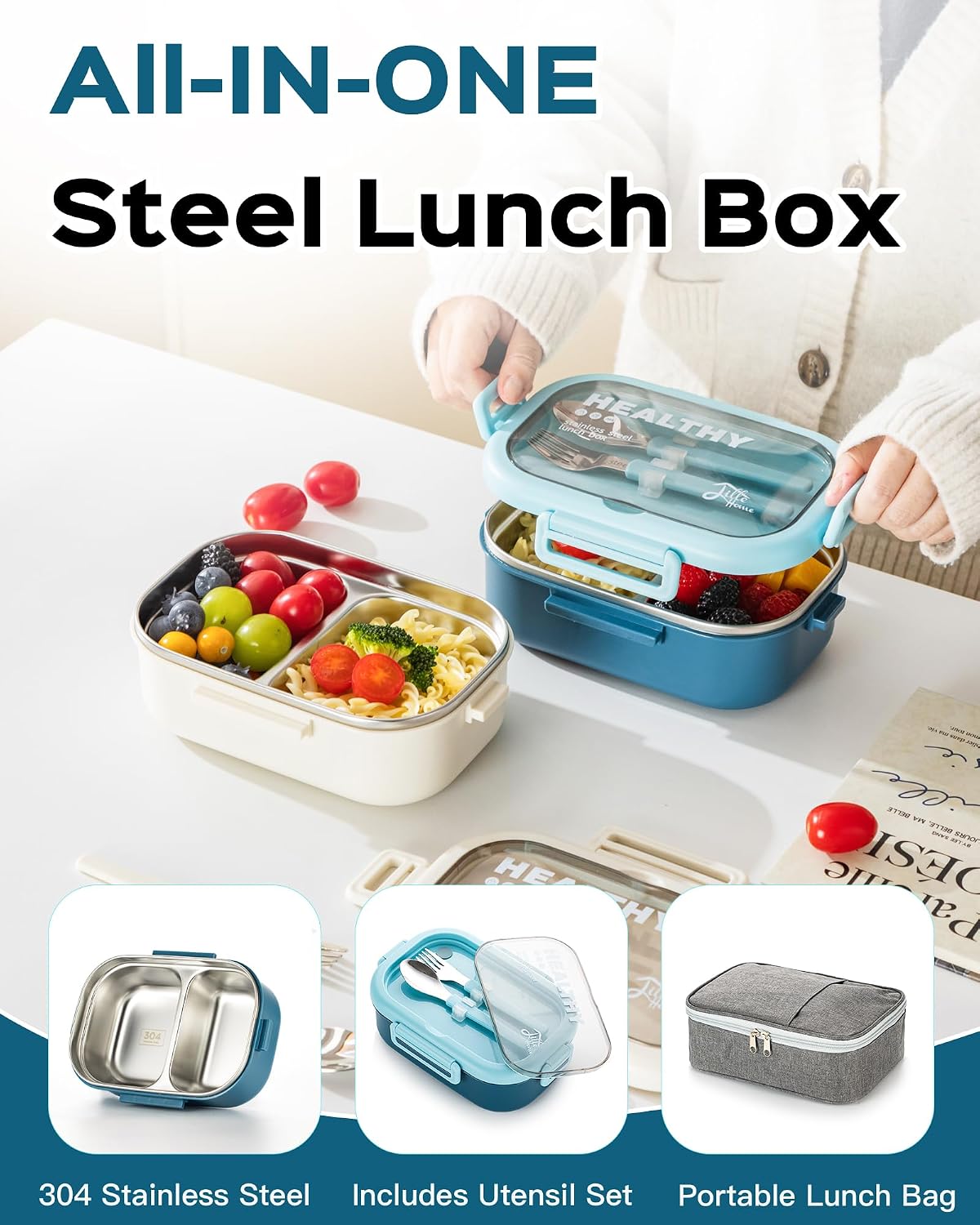 Lille Home 28oz Stainless Steel Leakproof 2-Compartment Bento Lunch Box/Portion Control Food Container with Lunch Bag and Cutlery Set, BPA Free (pink)