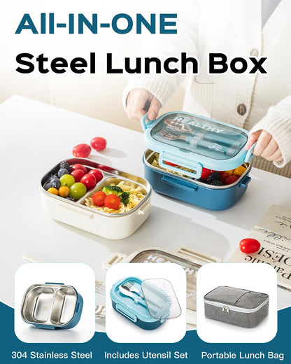 Lille Home 28oz Stainless Steel Leakproof 2-Compartment Bento Lunch Box/Portion Control Food Container with Lunch Bag and Cutlery Set, BPA Free (pink)
