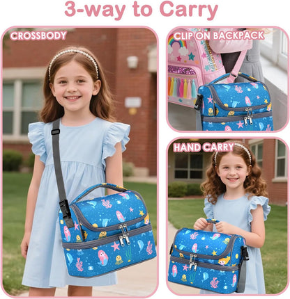 FlowFly Kids Double Decker Cooler Insulated Lunch Bag Large Tote for Boys, Girls, Men, Women, With Adjustable Strap, Unicorn