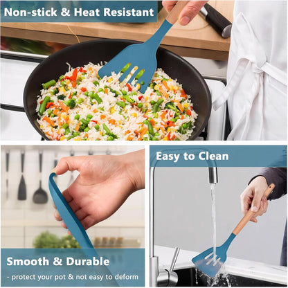 Kitchen Cooking Utensils Set, 6Pcs Silicone Kitchen Utensils Set Spatula Spoon Soup Ladle Turner, Heat Resistant Wooden Handle Silicone Cooking Gadgets for Nonstick Cookware & Baking BPA FREE
