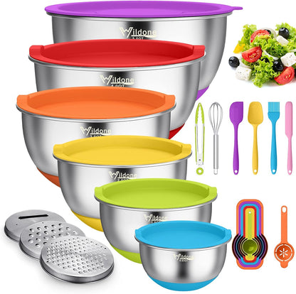 Wildone Mixing Bowls with Airtight Lids, 22 PCS Stainless Steel Nesting Bowls, with 3 Grater Attachments, Scale Marks & Non-Slip Bottom, Size 5, 4, 3, 2,1.5, 0.63QT, Ideal for Mixing & Prepping