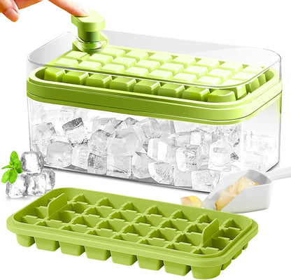 Ice Cube Tray with Lid and Bin, 2 Pack Ice Cube Trays for Freezer, 64 Pcs Ice Cube Mold, Press Button Easy Release Ice Tray, Small Ice Cubes Maker for Drinks(Green)