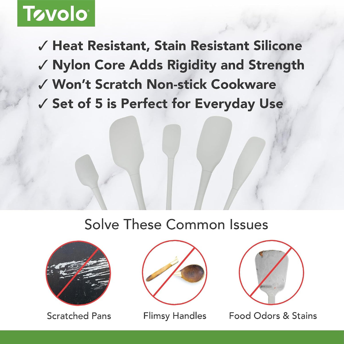 Tovolo Flex Core 5 Piece Silicone Spatula Set Heat Resistant All Silicone Utensils Include Non Stick Spatula Spoonula Jar Scraper, Dishwasher Safe BPA Free Spatulas for Baking Mixing, White
