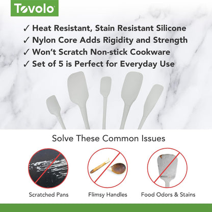 Tovolo Flex Core 5 Piece Silicone Spatula Set Heat Resistant All Silicone Utensils Include Non Stick Spatula Spoonula Jar Scraper, Dishwasher Safe BPA Free Spatulas for Baking Mixing, White