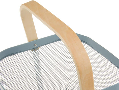AJIODA Metal Mesh Steel Basket, Storage Organizer Basket Multi-functional Hanging Kitchen Baskets Fruit Basket Bin with Bamboo Handle for Kitchen Bathroom Picnic Shopping Decor Cabinet Home, Blue