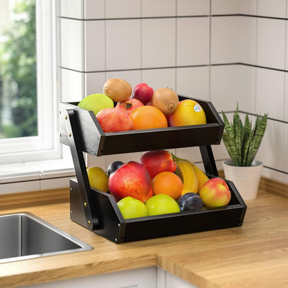 G.a HOMEFAVOR Large Bamboo Fruit Basket, 2-Tier Fruit Bowl for Kitchen Counter, Vegetable Storage Stand for Fruit Shop, 15 mm Thickness (Self-assembly)