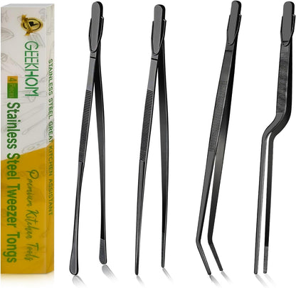 GEEKHOM 4-Piece 12 & 10-Inch Cooking Tongs: Professional Stainless Steel Scissor Tongs Set with Non-Slip Grip (Black)
