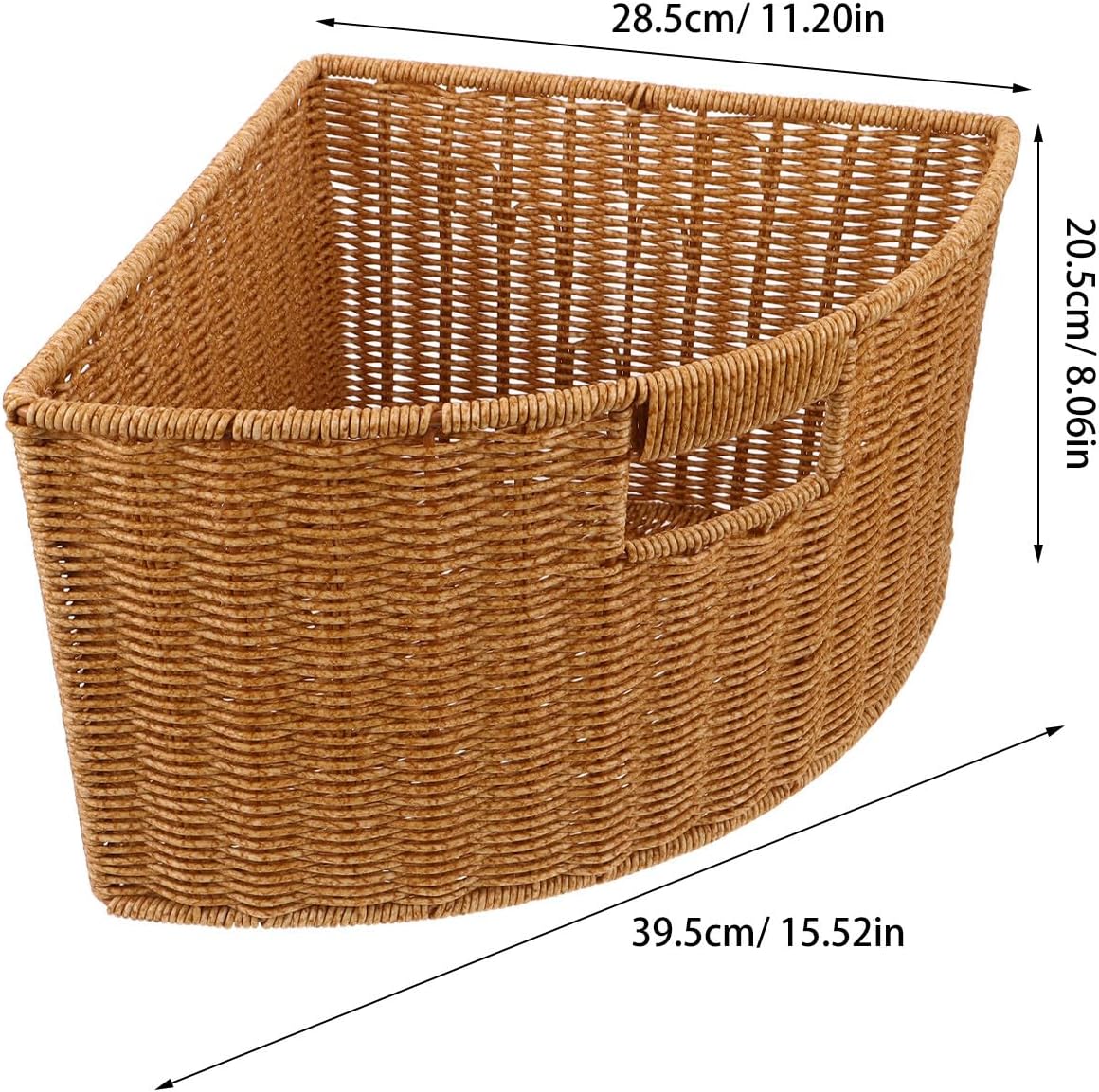 Woven Triangle Corner Storage Basket: Plastic Rattan Triangle Laundry Basket Organizer Bin with Handles for Shelf, Space Saving Triangular Container for Bathroom Bedroom Countertop and Kitchen Cabinet