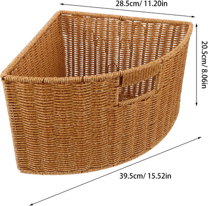 Woven Triangle Corner Storage Basket: Plastic Rattan Triangle Laundry Basket Organizer Bin with Handles for Shelf, Space Saving Triangular Container for Bathroom Bedroom Countertop and Kitchen Cabinet