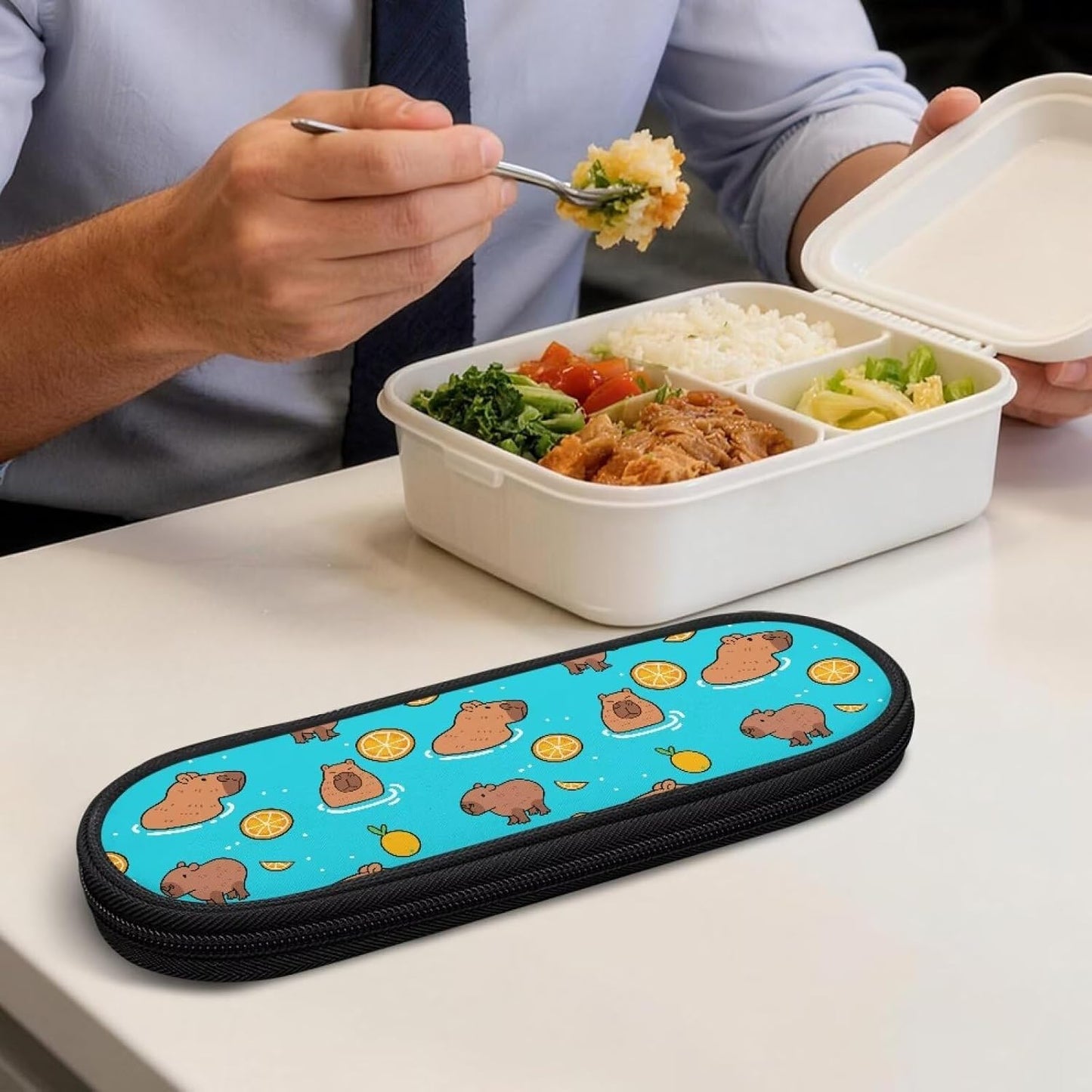 Travel Cutlery Set with Case for Kids Portable Utensil Case Reusable Silverware Pouch for School Travel Lunch Capybara Flower