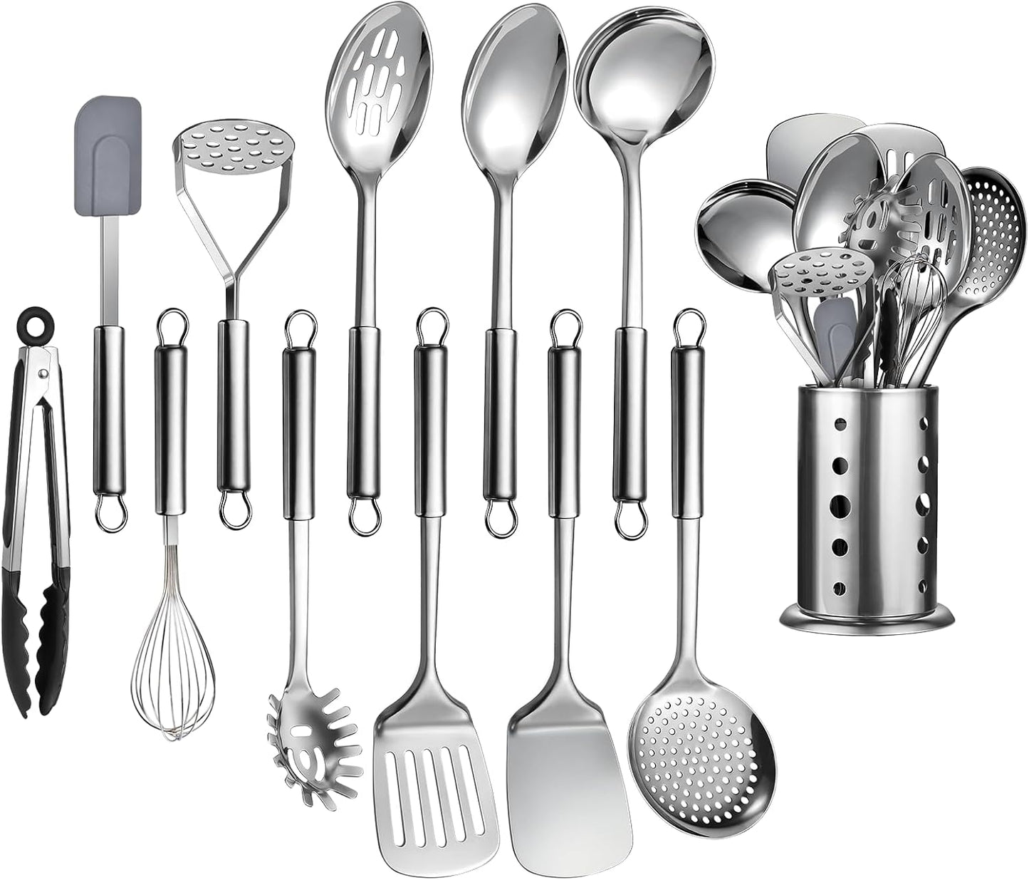 9 Pcs Cooking Utensils Set, Stainless Steel Kitchen Utensils, Heat Resistant Metal Kitchen Tools Include Solid & Slotted Spatula, Serving Spoon, Ladle, Pasta Server,Potato Maseher, Egg Whisk, Silver