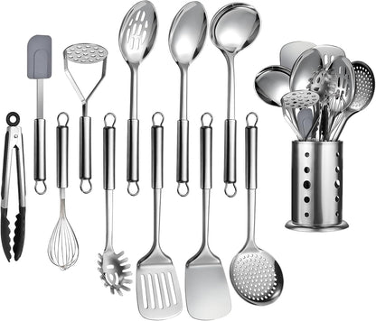 9 Pcs Cooking Utensils Set, Stainless Steel Kitchen Utensils, Heat Resistant Metal Kitchen Tools Include Solid & Slotted Spatula, Serving Spoon, Ladle, Pasta Server,Potato Maseher, Egg Whisk, Silver