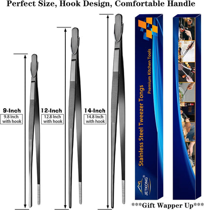JETKONG 3 Pcs Extra Long Kitchen Tweezers 9 12 14 Inch Heavy Duty Stainless Steel Cooking Tweezers (Round Tips, Silver)