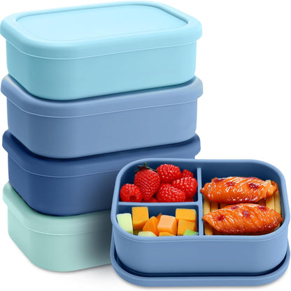 Honeydak 6 Pcs Silicone Bento Box Reusable Silicone Bento Lunch Container for Adults Microwave Dishwasher Freezer Safe 3 Compartment (Light Colors)