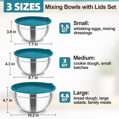 TeamFar Mixing Bowls, Stainless Steel Nesting Salad Bowls with Airtight Lids Set, For Serving/Mixing/Storing, Healthy & Long-lasting, Dishwasher Safe & Easy Clean, 4.6/3 / 1.5 QT, Colorful