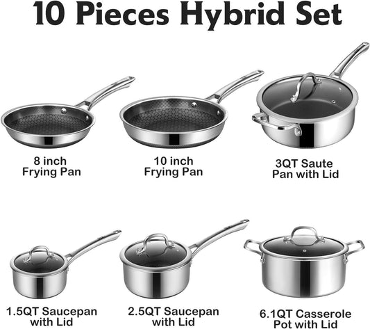 SNOWCLAD Pots and Pans Set Non Stick, 14 Pcs Hybrid Stainless Steel Cookware Sets, Non Stick Frying Pans, Saucepans, Saute Pan & Stock Pot, PFOA Free Kitchen Skillet,Induction Compatible