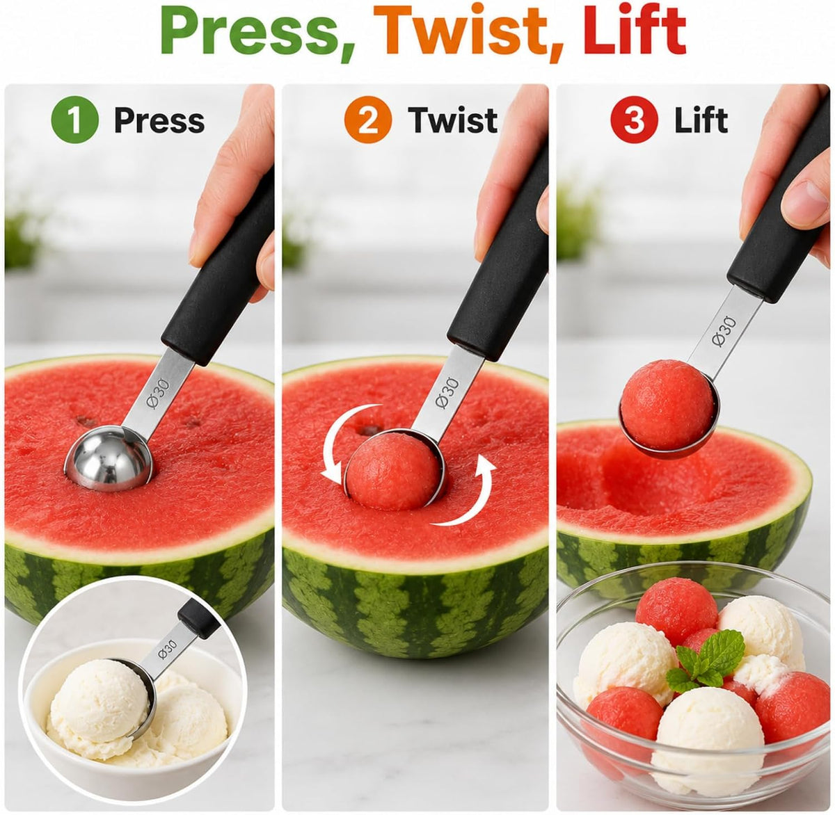 4 Pack Melon Baller Scoop Set, Stainless Steel Fruit Scoopers