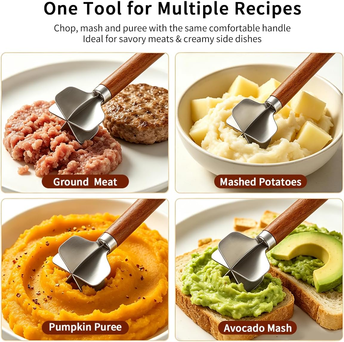 Kyraton Meat Chopper, Stainless Steel Hamburger Grinder With Wood Handle, Premium Heat Resistant Smasher for Ground Beef, Burger Potato Masher Mix Tool, Meat & Poultry Tenderizers