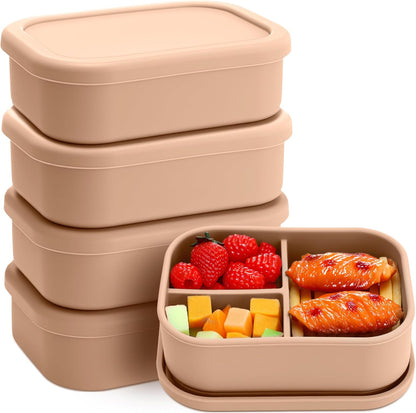 Honeydak 6 Pcs Silicone Bento Box Reusable Silicone Bento Lunch Container for Adults Microwave Dishwasher Freezer Safe 3 Compartment (Light Colors)