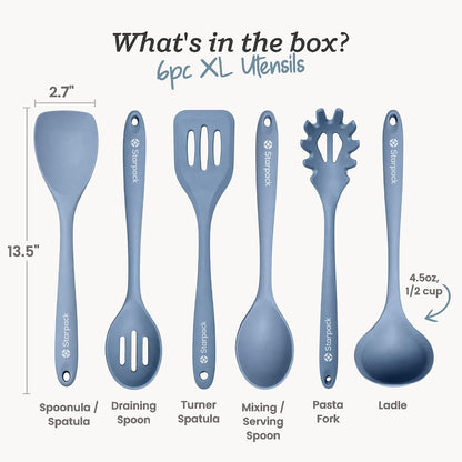 Starpack Like a Boss XL Silicone Cooking Utensils Set (6-Piece, 13.5") - LFGB Certified, 600°F Heat Resistant, BPA-Free - Heavy-Duty Steel Core, Dishwasher Safe - for Nonstick Cookware, Sage Green