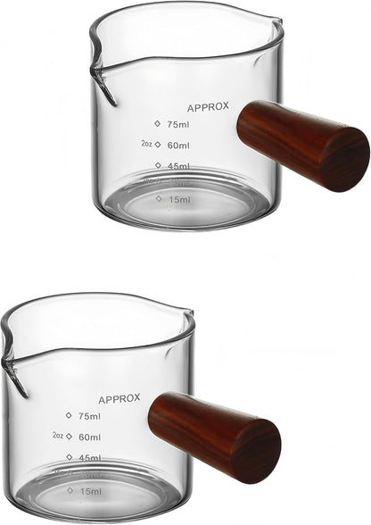2 Piece Set 3oz Wooden Handle Double Mouthed Espresso Shot Glass, Espresso Measuring Cup, Small Transparent Glass Espresso Accessories for Machine, Milk Frother
