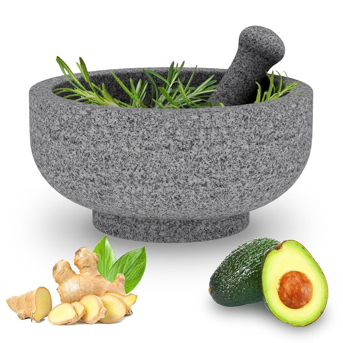 Large Mortar and Pestle Set- 4 Cup Unpolished Granite Bowl Heavy Duty Molcajete Mexicano Guacamole Pastes Pestos Salsa Bowl, Grind Seeds, Herbs, Pills, Kitchen Lab Muddler, Gray, 8 Inches