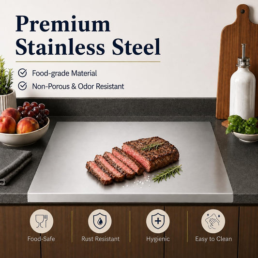 Stainless Steel Cutting Board with Lip, L-shaped Metal Chopping Board for Kitchen, Large Cutting Board for Meat, Fruits, Vegetables, Bread & Dough Rolling, Dishwaher Safe (15.8"L x 11.8"W)