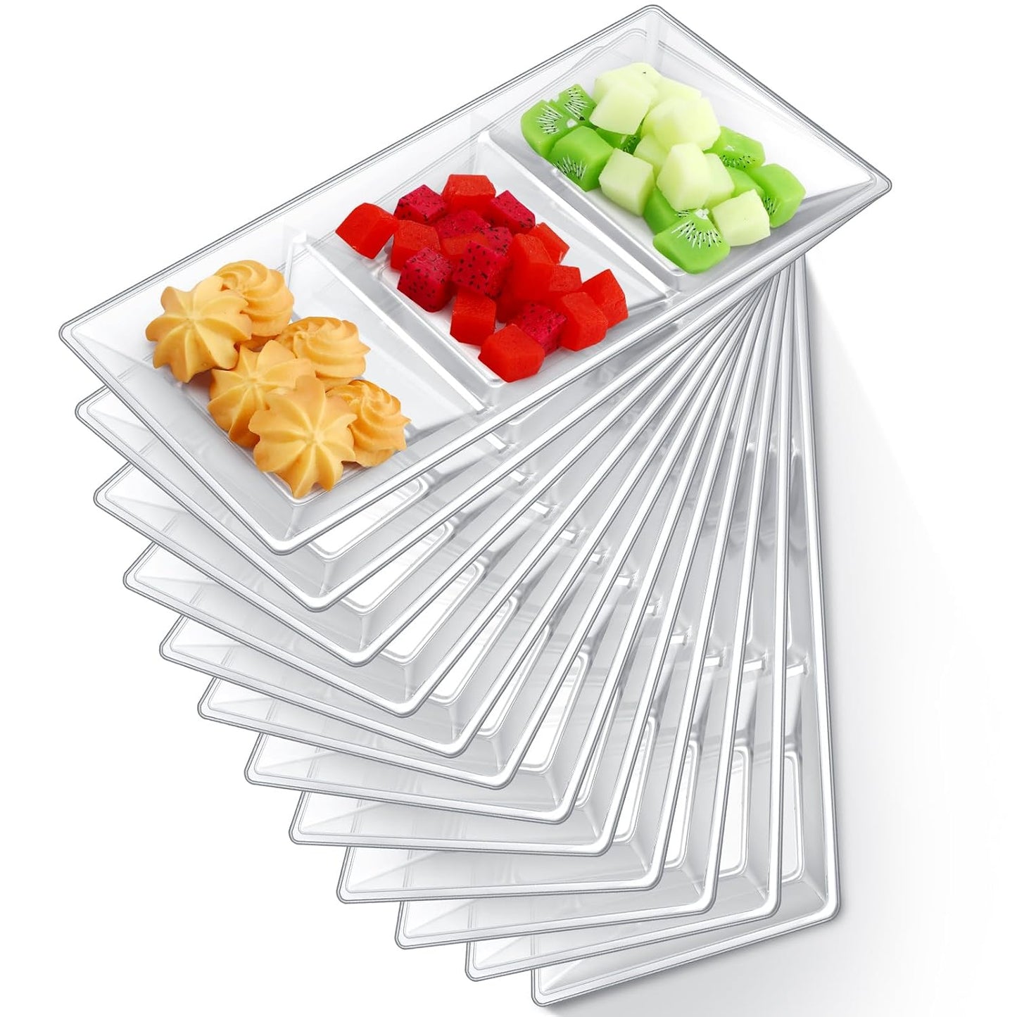 Ziliny 20pcs Black 3 Section Serving Tray Bulk Serving Dish Compartment Appetizer Tray Plastic Dessert Platter Divided Disposable Plate for a Tini Bit Older Party