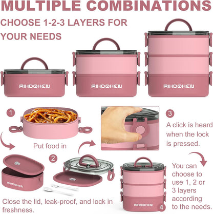 RIKDOKEN Lunch Box, Stackable 3 Layers Containers, Portable 94OZ Large Capacity Leakproof Bento Box with Spoon & Fork & Sauce Boxes, Microwave Safe Lunch Box for Kids and Adults